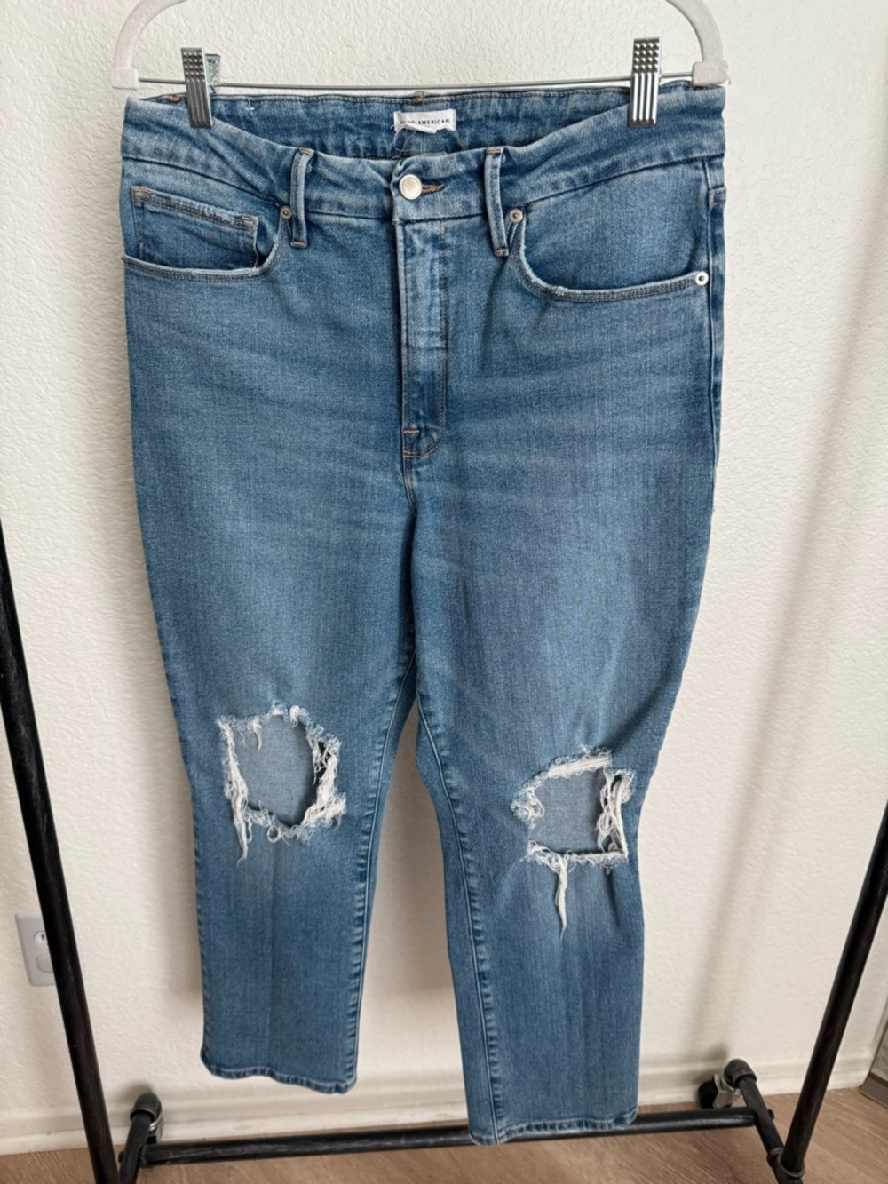 Good American High-Rise Distressed Straight Jeans - Medium Wash - Picture 3 of 10